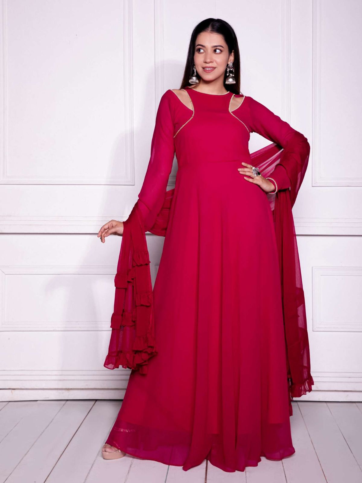 Odette Red Georgette Beads Stitched Gown For women