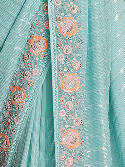 Odette Sea Green Embroidered Georgette Saree With Unstitched Blouse For Women