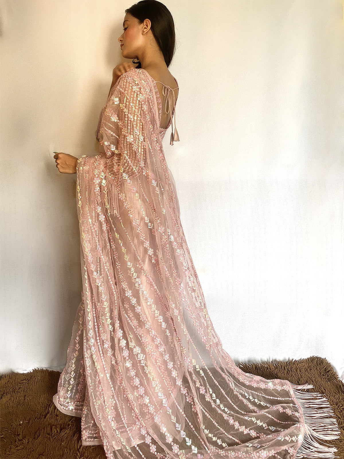 Odette - Designer Pink Sequins Saree with Unstitched Blouse