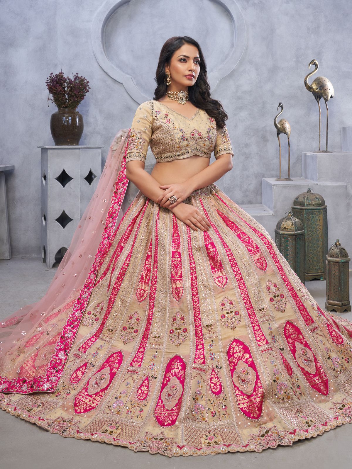 Odette Beige Organza Embellished Semi-Stitched Lehenga With Unstitched Blouse For Women