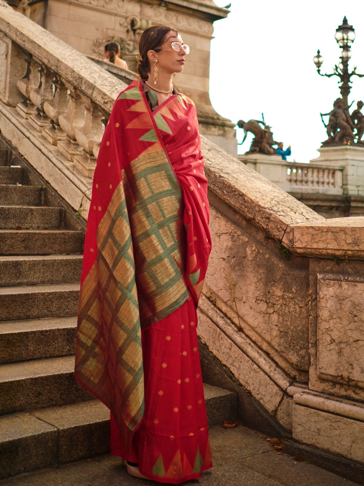 Odette Red Silk Blend Woven Saree With Unstitched Blouse For Women