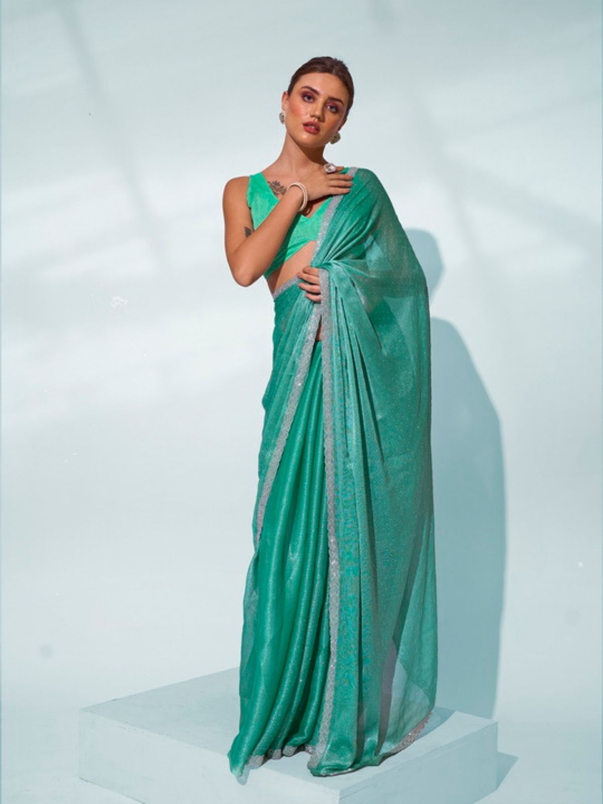 Odette Green Chiffon Lace Work Saree With Unstitched Blouse For Women