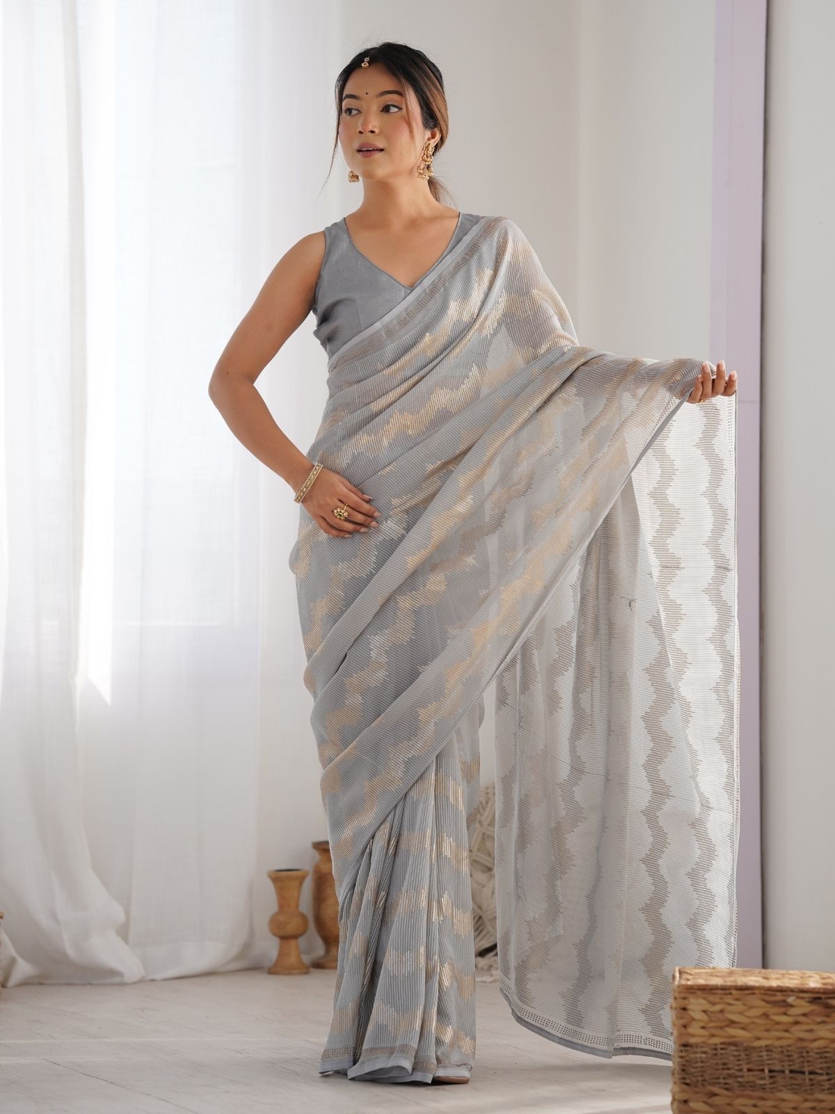 Odette Grey Georgette Sequins Saree With Unstitched Blouse For Women