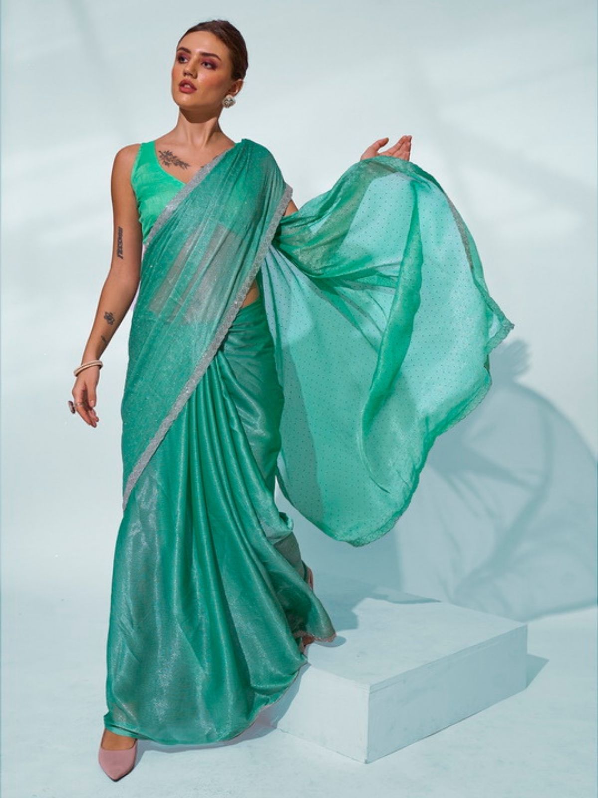 Odette Green Chiffon Lace Work Saree With Unstitched Blouse For Women