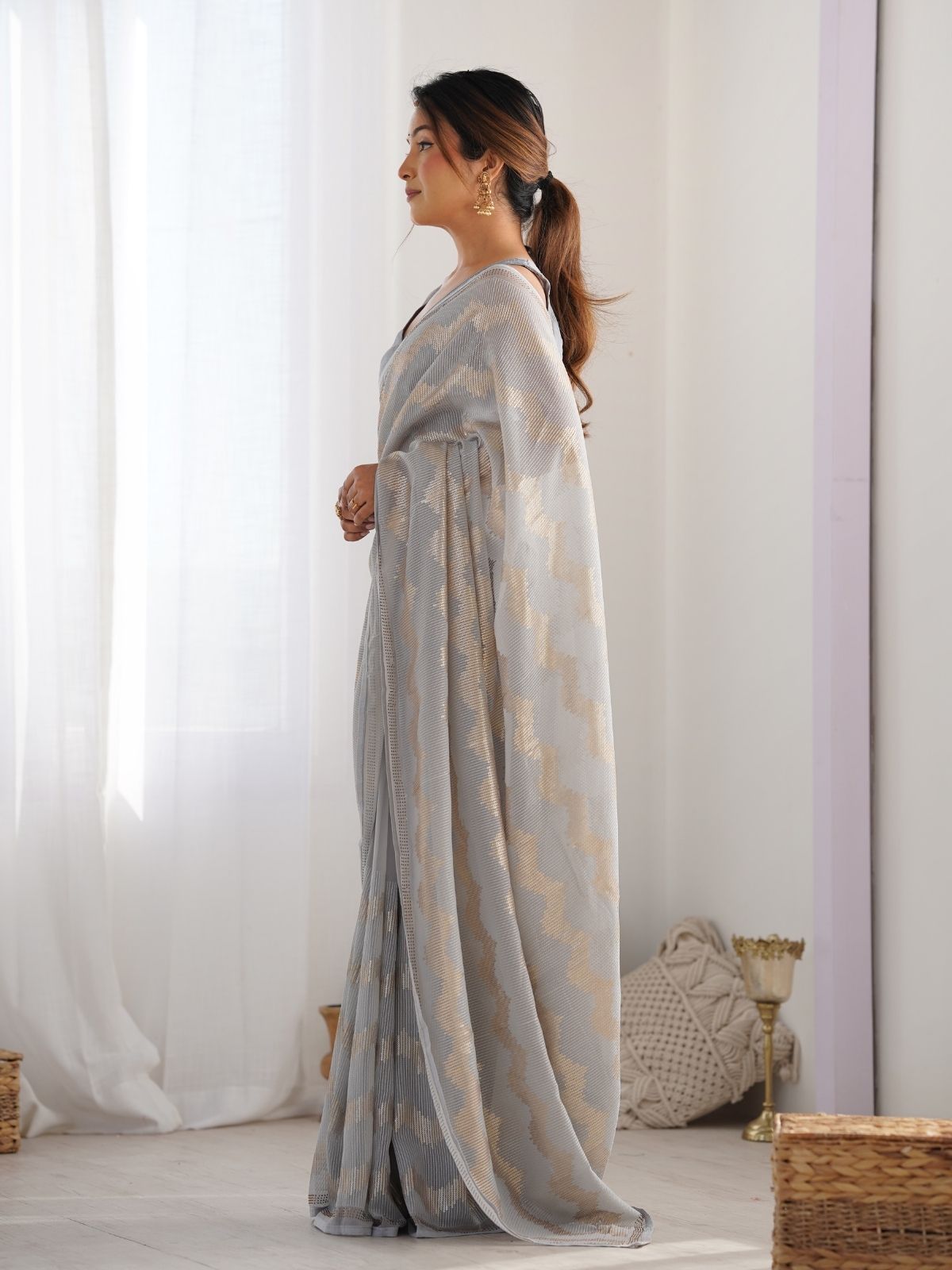 Odette Grey Georgette Sequins Saree With Unstitched Blouse For Women