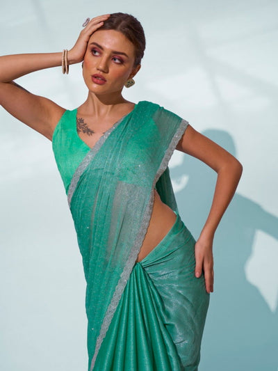 Odette Green Chiffon Lace Work Saree With Unstitched Blouse For Women