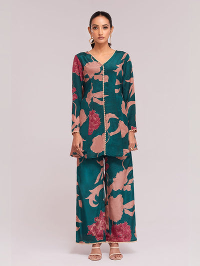 Odette Teal Silk Blend Printed Stitched Co-Ord Set For Women