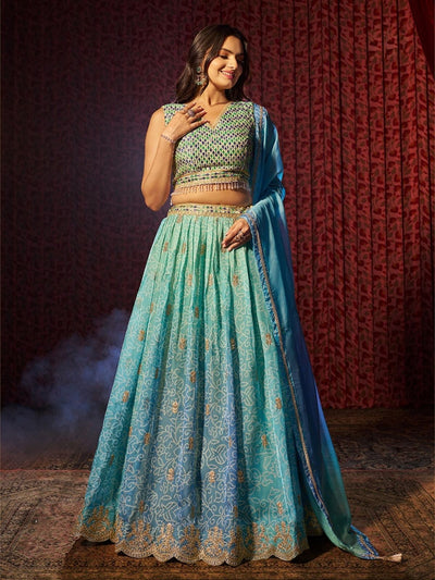 Odette Blue Organza Embroidered Semi-Stitched Lehenga For Women