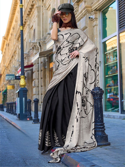 Odette Beige Satin Printed Saree With Unstitched Blouse For Women