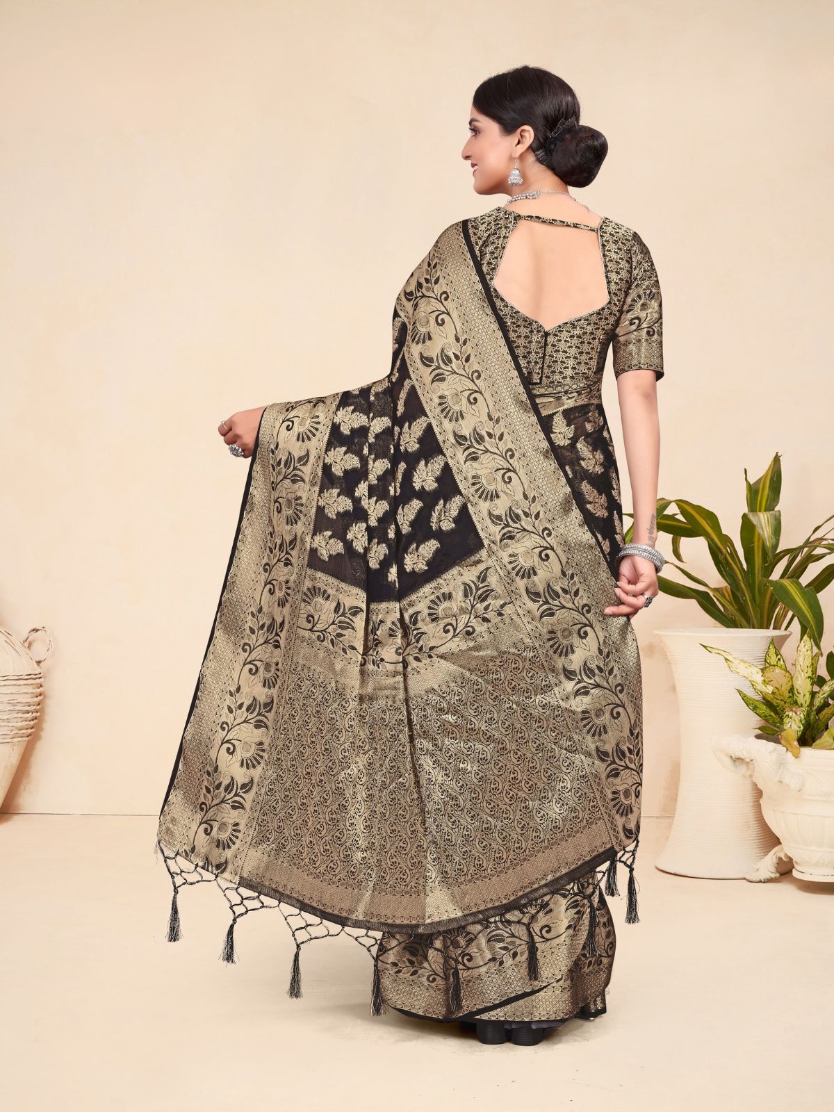 Odette Black Viscose  Woven Saree With Unstitched Blouse For Women