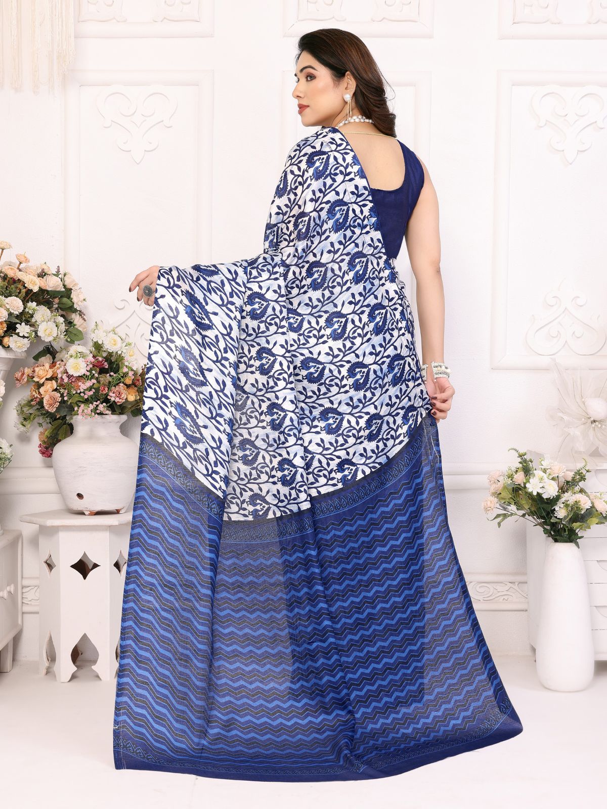 Odette Blue Khadi Printed Saree With Unstitched Blouse For Women