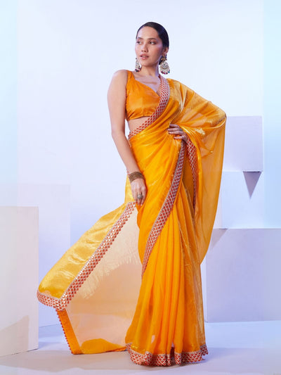 Odette Yellow Satin Lace Work Saree With Unstitched Blouse For Women