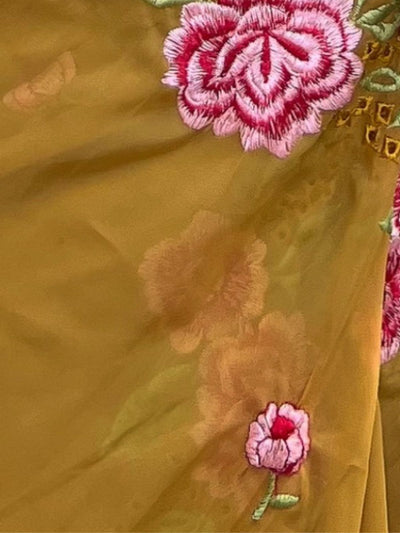 Odette Mustard Organza Embroidered Saree With Unstitched Blouse For Women