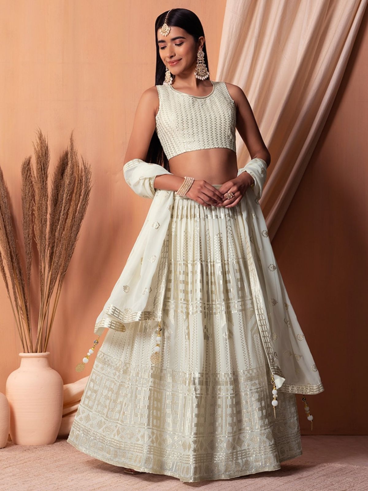 Odette White Georgette Embellished Semi-Stitched Kurta Set For Women