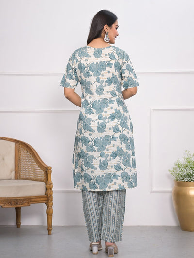 Odette Off White And Blue Chanderi Embroidered And Printed Stitched Kurta Set Without Dupatta For Women