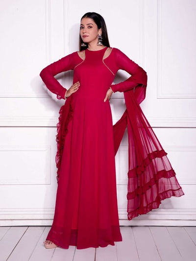 Odette Red Georgette Beads Stitched Gown For women