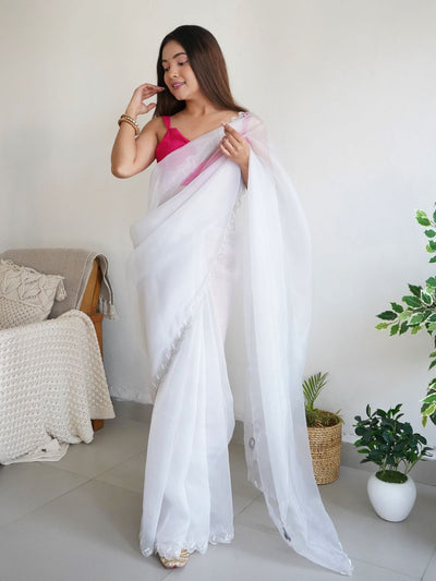 Odette White Organza Embroidered Saree With Unstitched Blouse For Women