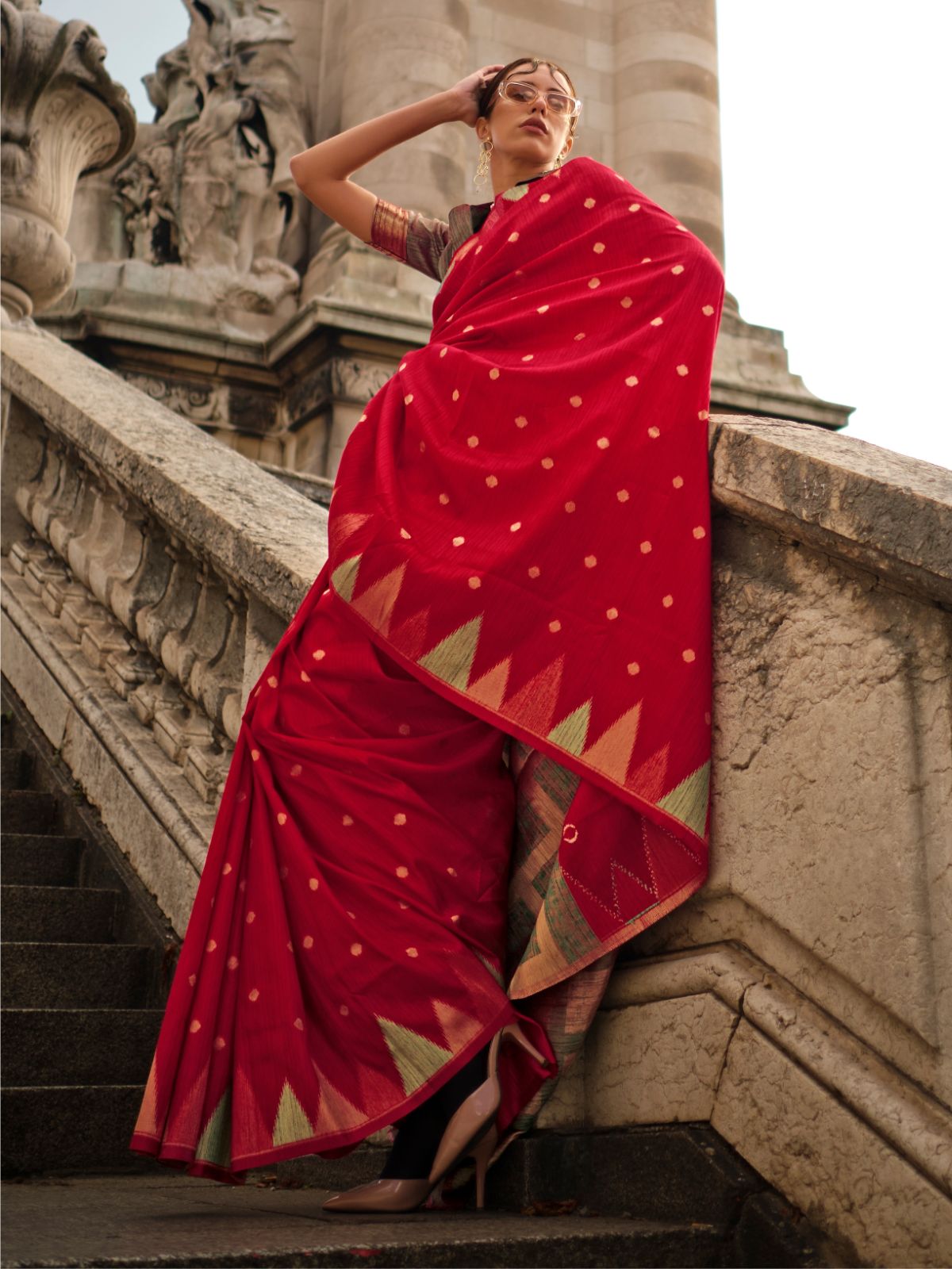 Odette Red Silk Blend Woven Saree With Unstitched Blouse For Women