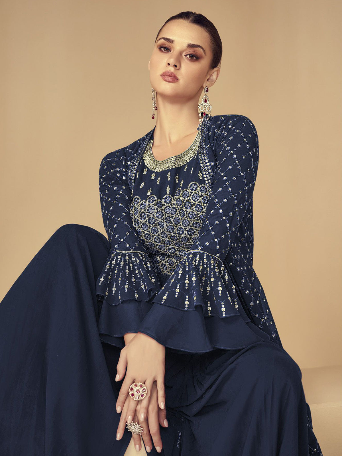 Odette - Dark Blue Faux Georgette Semi Stitched Salwar Suit