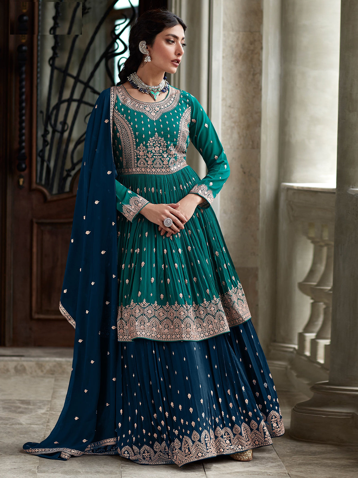 Odette Women Blue Festive Women Semi Stitched Salwar Suit Sets