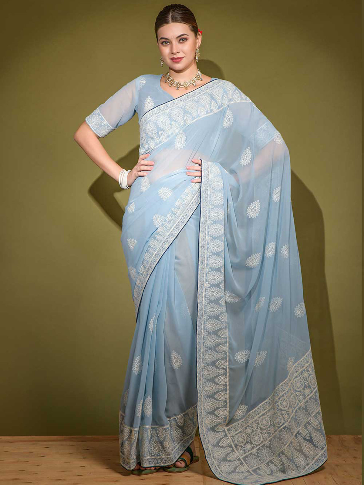 Sky Blue Ready To Wear Georgette Saree – Cygnus Fashion