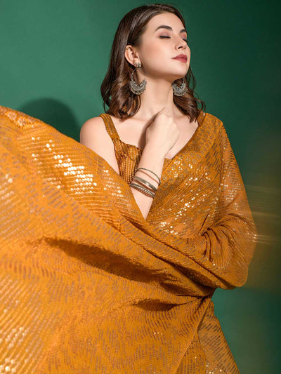 Odette - Mustard Poly Georgette Saree With Blouse Piece