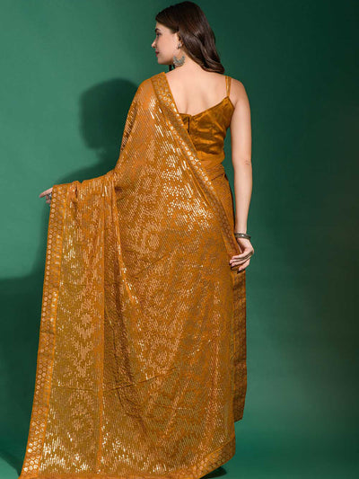 Odette - Mustard Poly Georgette Saree With Blouse Piece