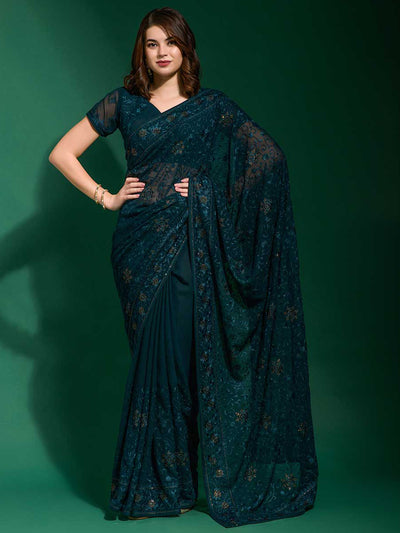 Odette - Teal Georgette Saree With Blouse Piece