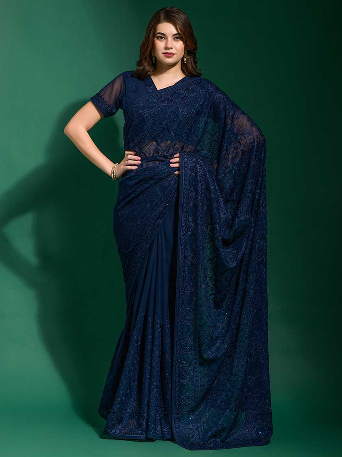 Buy Navy Blue Sequence Embroidered Designer Saree In USA, UK, Canada,  Australia, Newzeland online