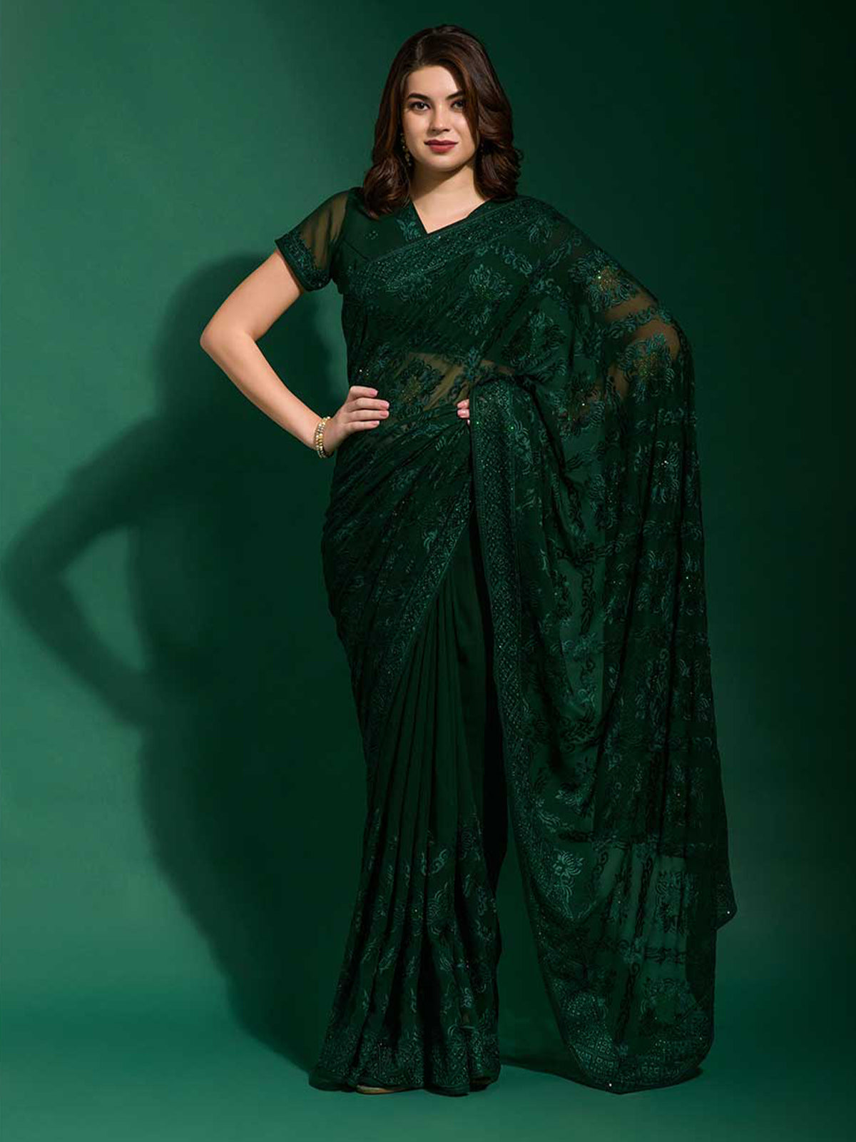 Buy sadika Women's Bottle Green Flower Design Maharani Lace Border Georgette  Saree With Blouse Piece (Bottle Green) Online In India At Discounted Prices
