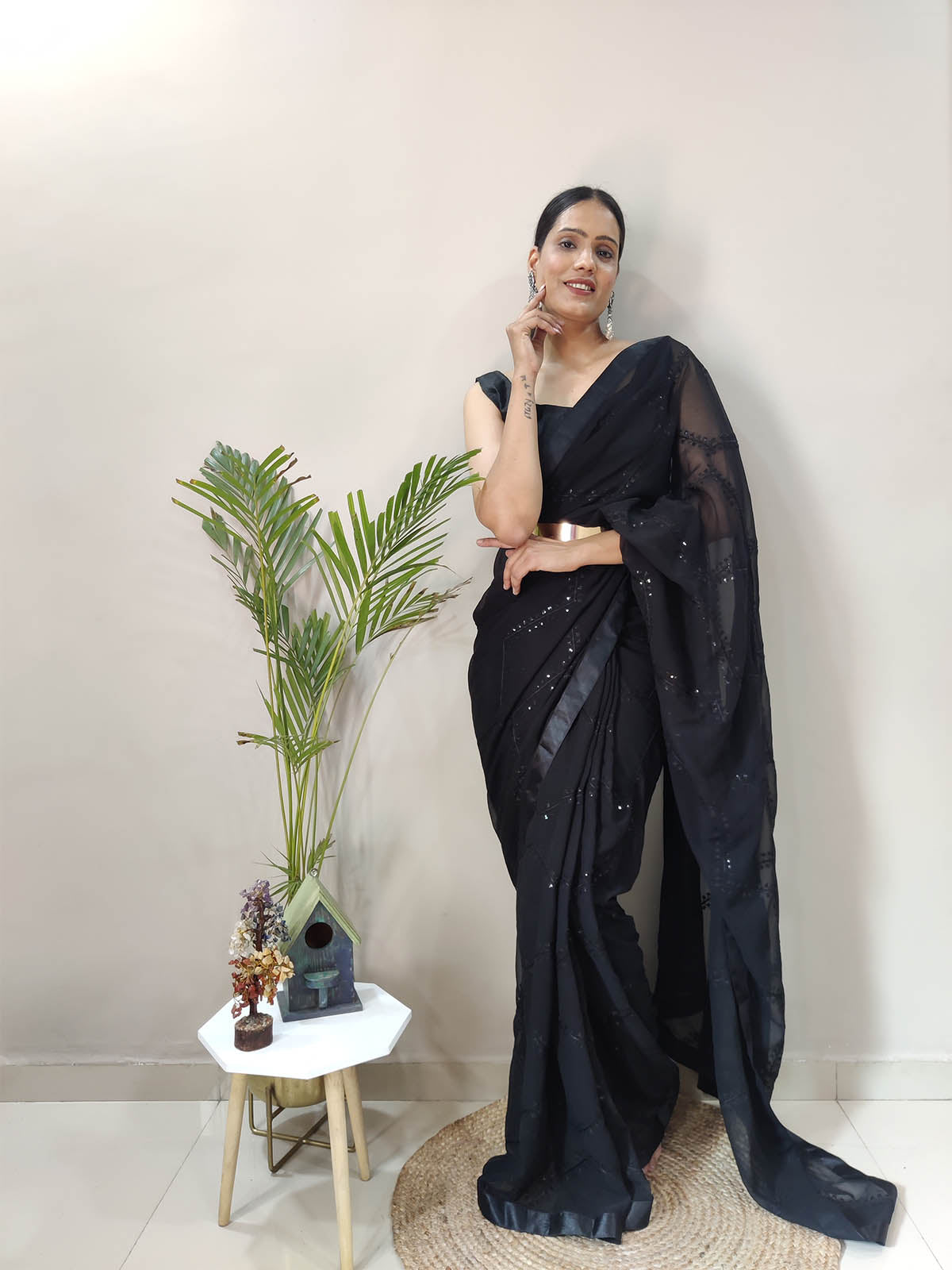Odette - Black Georgette Ready to Wear Saree with Unstitched Blouse