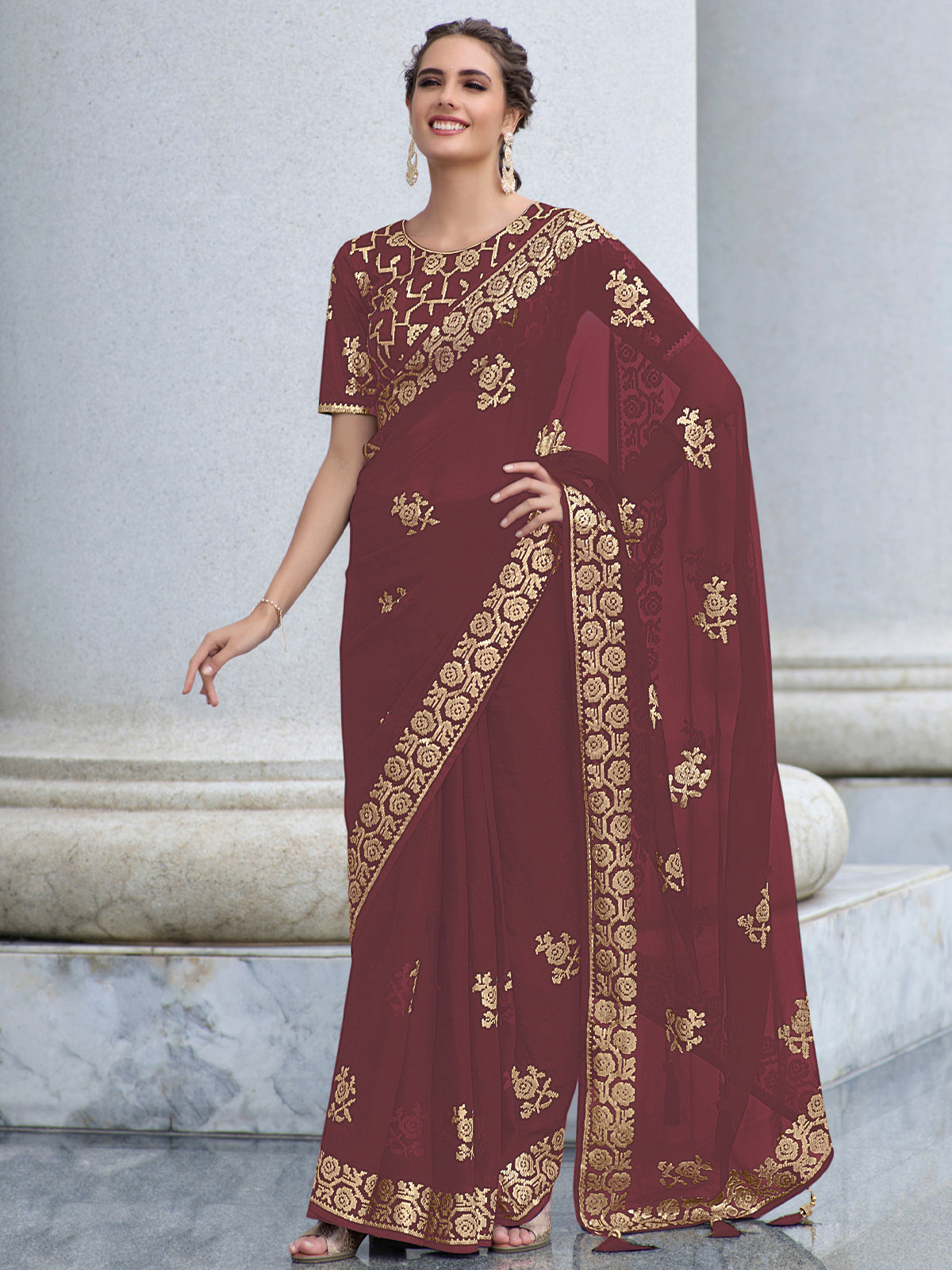 Burgundy Maroon Shimmer Chiffon Saree For Sangeet SARV161164