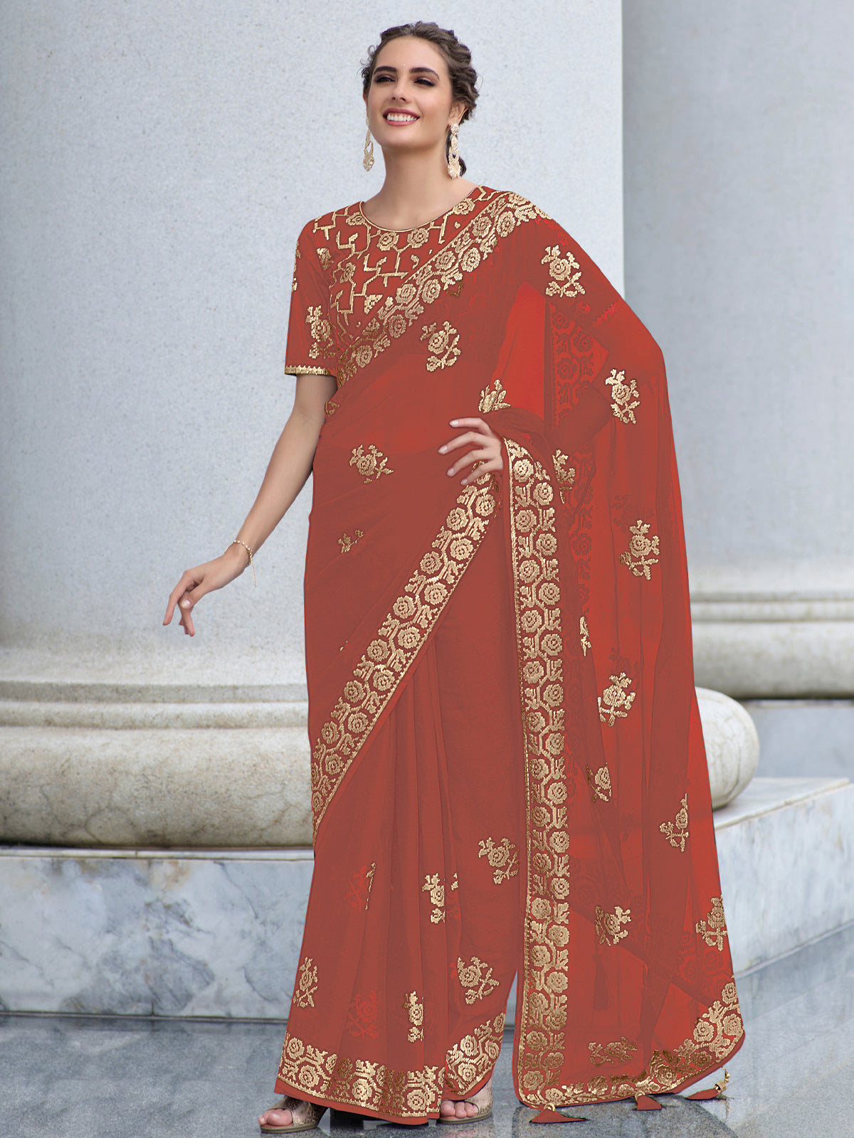 BuyBollywood model Georgette red sequins half and half saree in UK, USA and  Canada