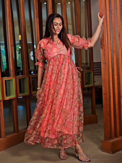 Odette Orange Organza Printed Indo Western Dress For Women