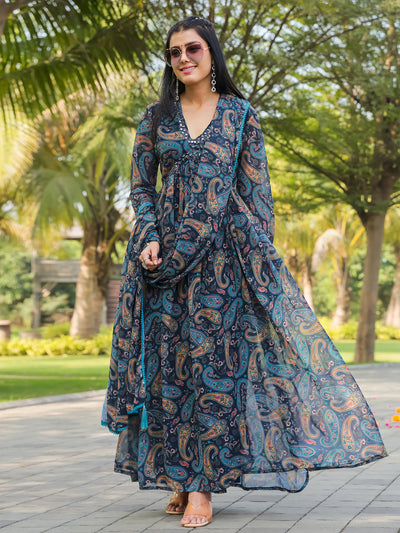 Odette Blue Georgette Stitched Gown With Dupatta For Women