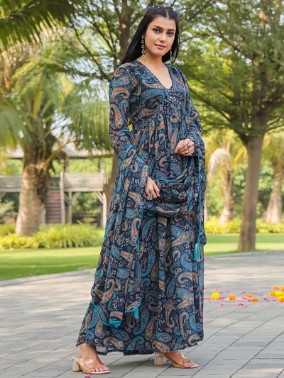Odette Blue Georgette Stitched Gown With Dupatta For Women
