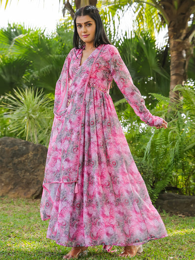 Odette Pink Georgette Stitched Gown With Dupatta For Women