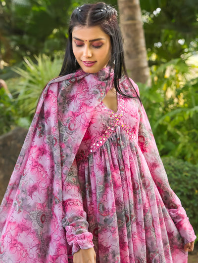 Odette Pink Georgette Stitched Gown With Dupatta For Women