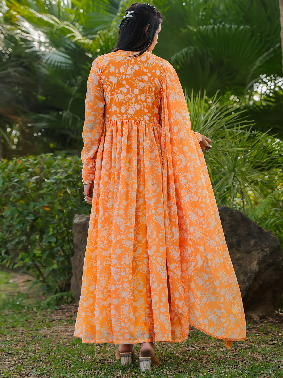 Odette Orange Georgette Stitched Gown With Dupatta For Women