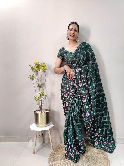  Odette - Ready To Wear Green Chinon Silk Saree With Unstitched Blouse