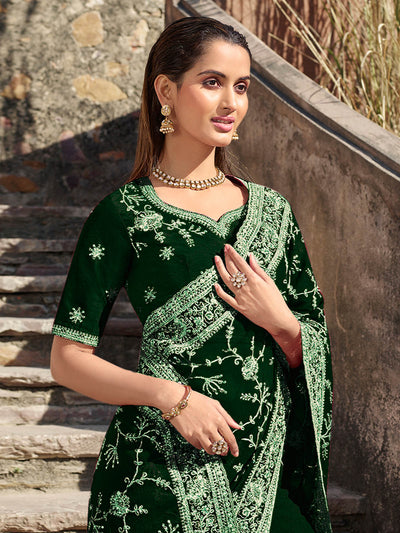 Green Polyster Embroidered  Saree With Unstitched Blouse