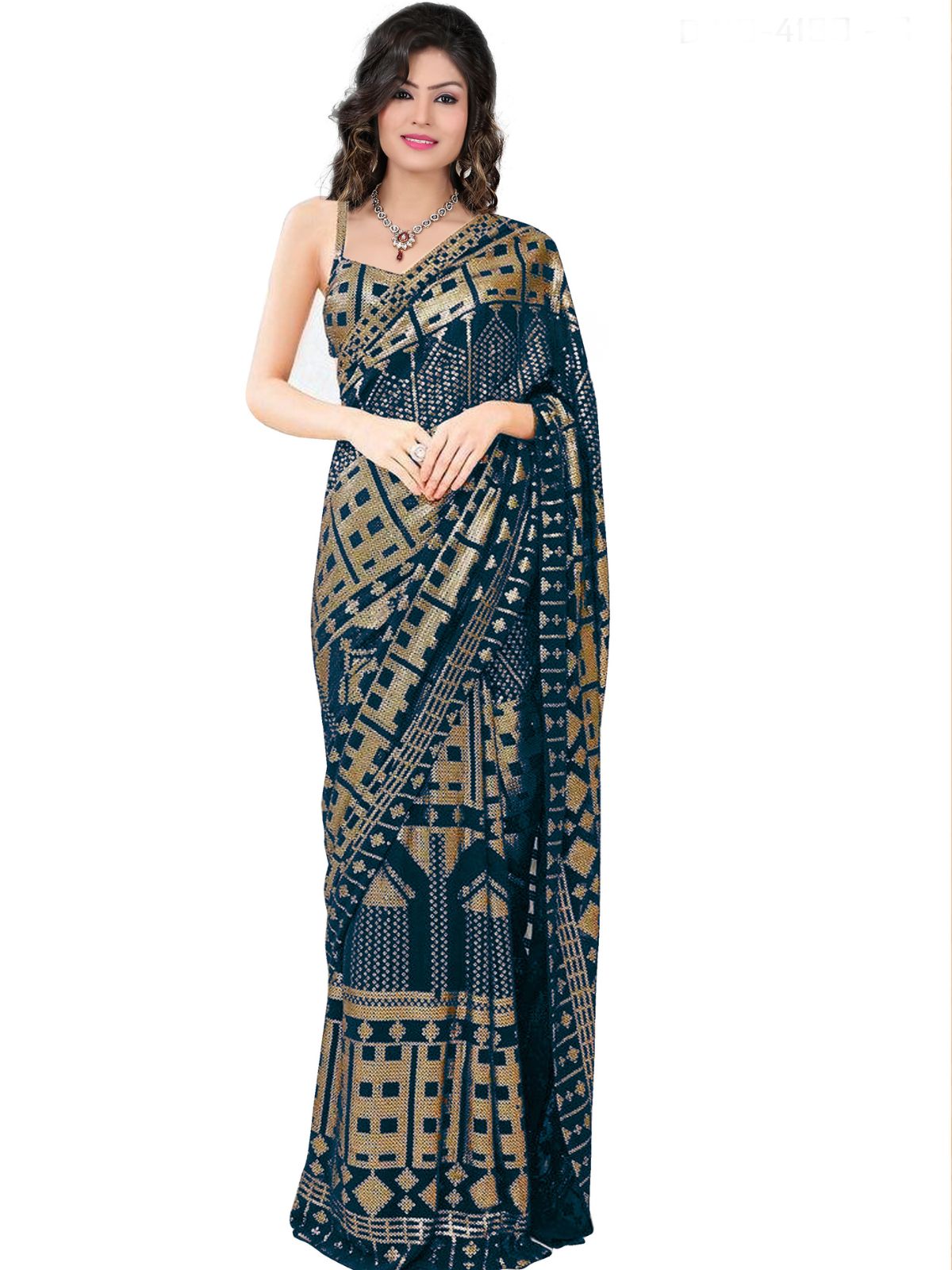 Odette Teal Sequins Embroidered Georgette Saree with Satin Unstitched Blouse for Women