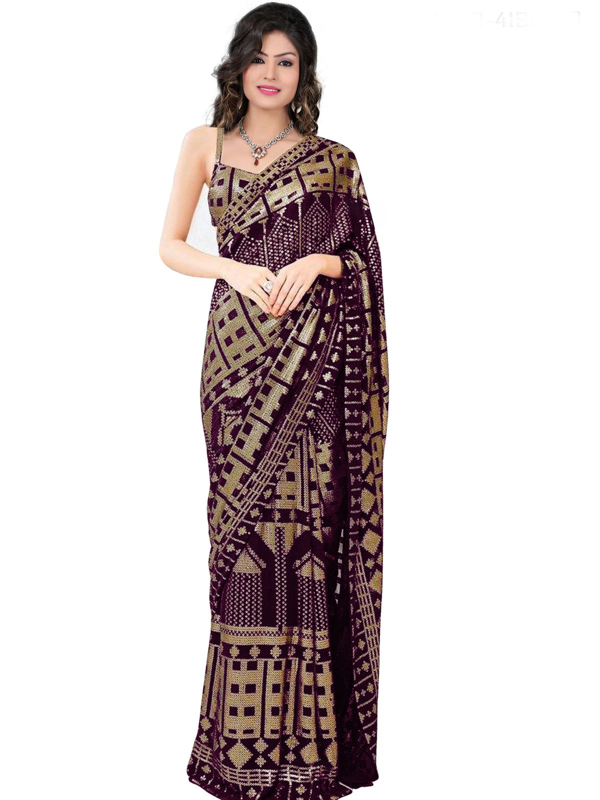 Odette Purple Sequins Embroidered Georgette Saree with Satin Unstitched Blouse for Women
