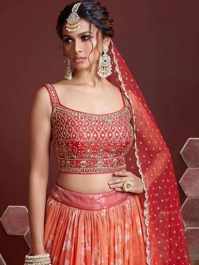 Odette Women's Orange Silk Blend Semi Stitched Lehenga with Unstitched Blouse