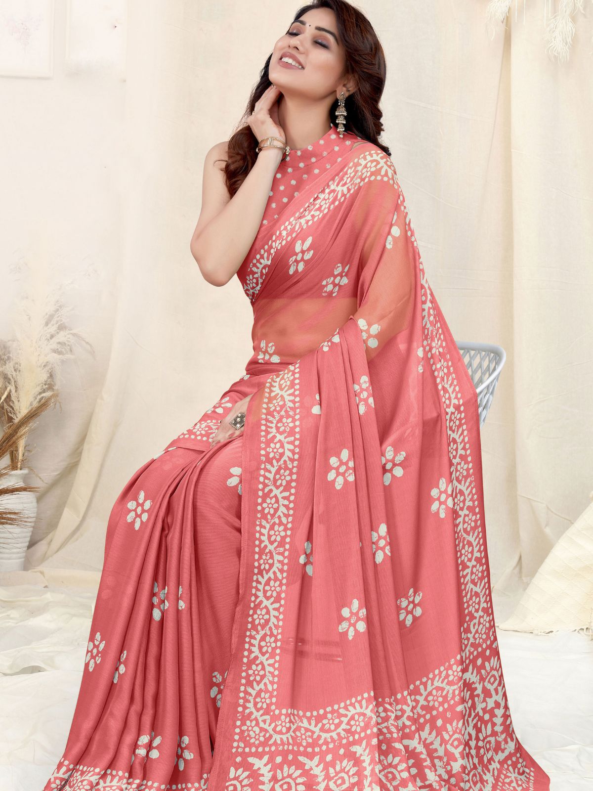 Odette Partywear Peach Printed Chinon Chiffon Saree with Unstitched Blouse for Women