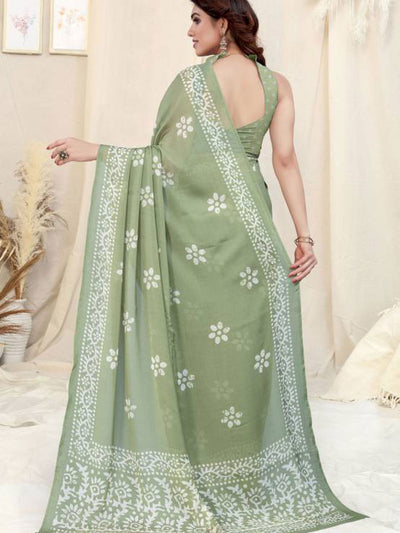Odette Partywear Light Green Printed Chinon Chiffon Saree with Unstitched Blouse for Women