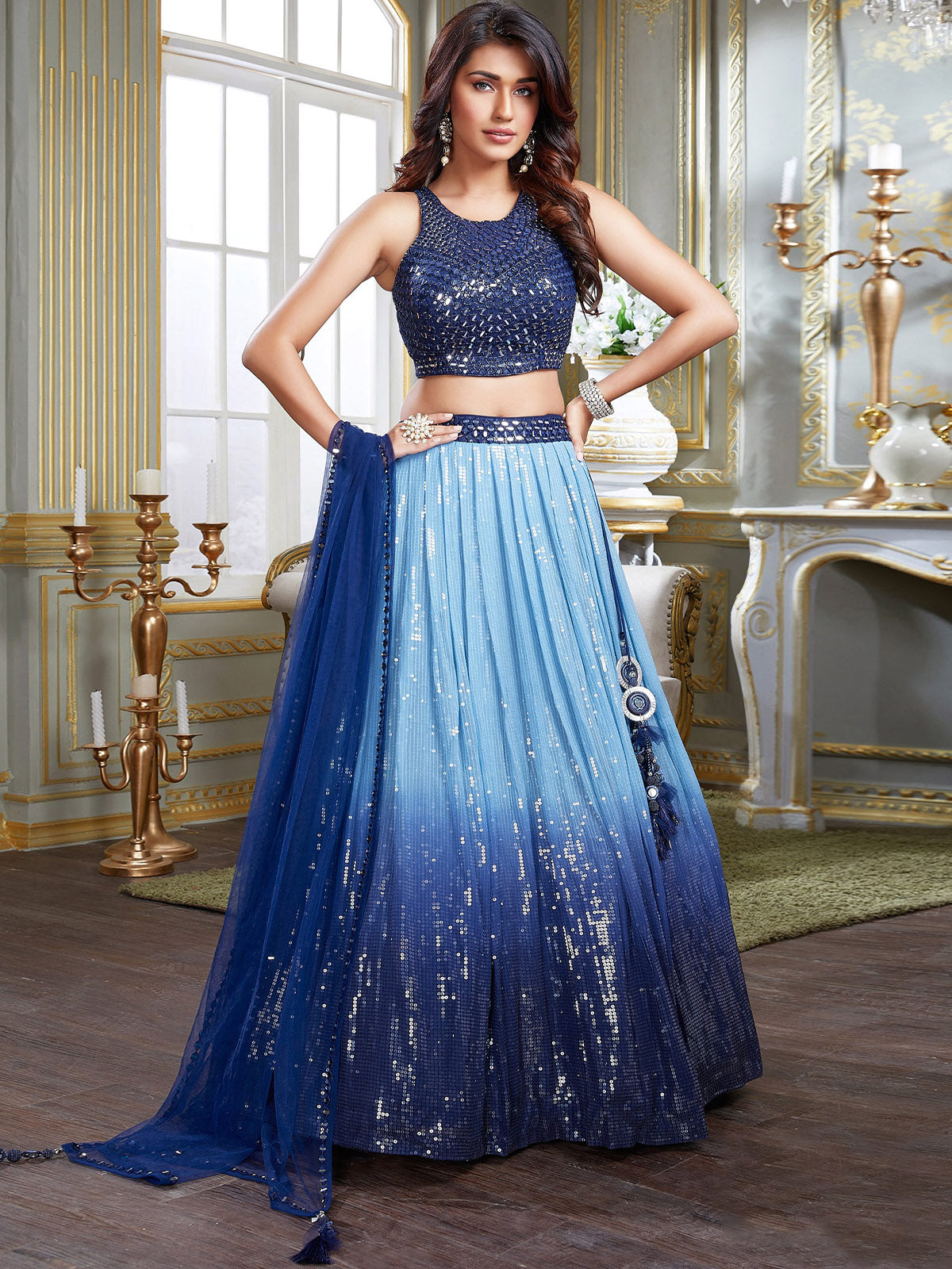 Odette Women's Blue Net & Georgette Stitched Lehenga with Stitched Blouse