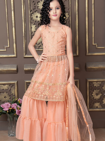 Odette Wedding Designer Peach Finest Soft Net Sharara suit For Girls
