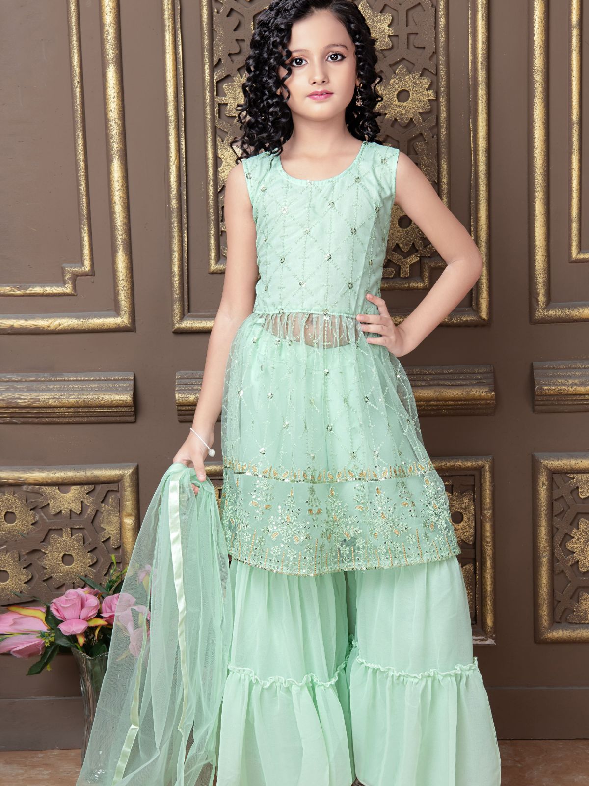 Odette Wedding Designer Light Green  Finest Soft Net Sharara suit For Girls