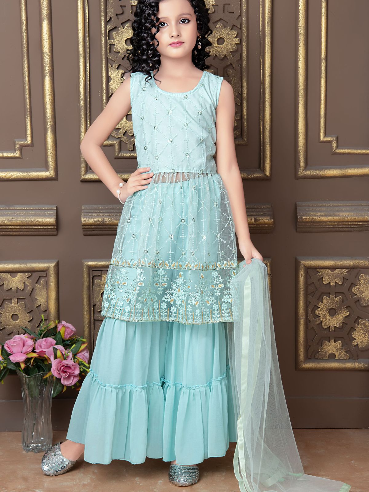 Odette Wedding Designer Light Blue  Finest Soft Net Sharara suit For Girls